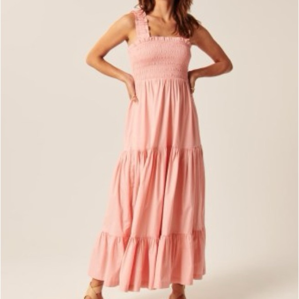 Abercrombie and Fitch- Smocked Bodice Tiered Maxi Dres- Pink- SZ Small